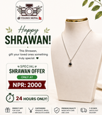Promotional banner for a Shrawan necklace from Younix Nepal, featuring a silver necklace with a black round pendant displayed on a cream-colored mannequin bust. The left side contains festive text reading 'Happy SHRAWAN!' and 'SPECIAL SHRAWAN OFFER ONLY AT NPR: 2000' with product features listed below.