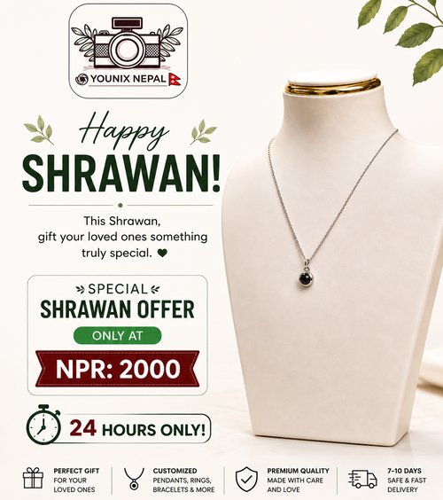 Promotional banner for a Shrawan necklace from Younix Nepal, featuring a silver necklace with a black round pendant displayed on a cream-colored mannequin bust. The left side contains festive text reading 'Happy SHRAWAN!' and 'SPECIAL SHRAWAN OFFER ONLY AT NPR: 2000' with product features listed below.